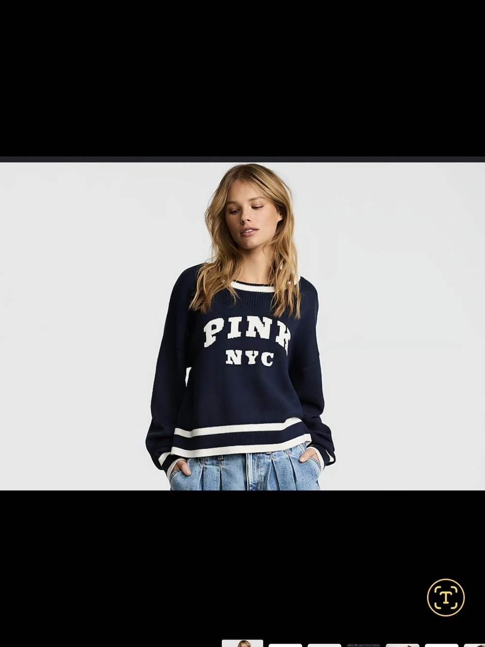 PINK Victoria's Secret Navy and Ivory Crewneck Sweater